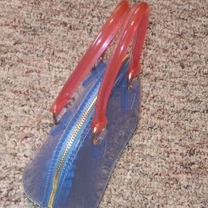 Blue and Pink Handbag with Gold Zipper (DELUXITY BRAND) (JELLY PURSE W CHAIN)